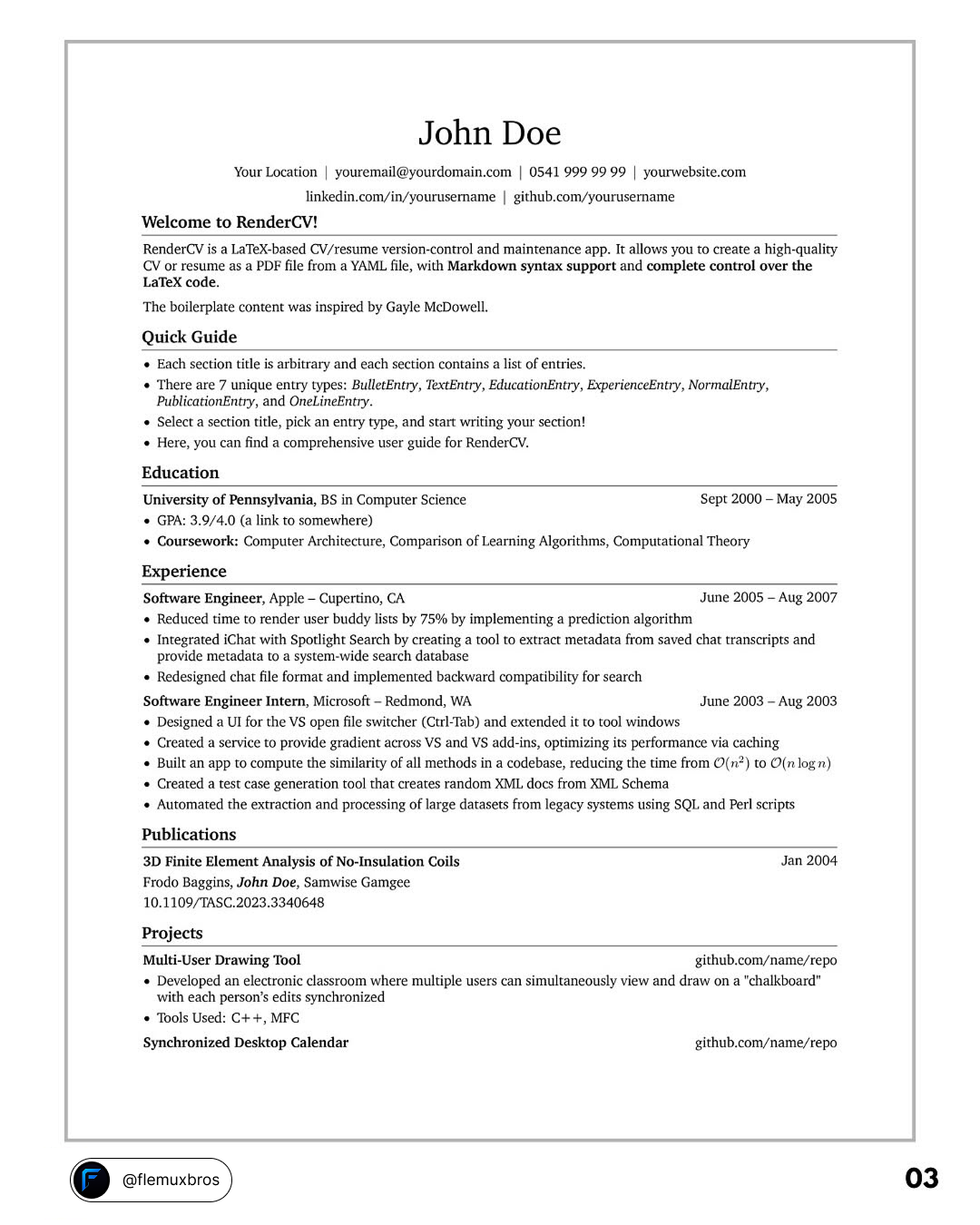 RenderCV EngineeringResumes Theme Preview